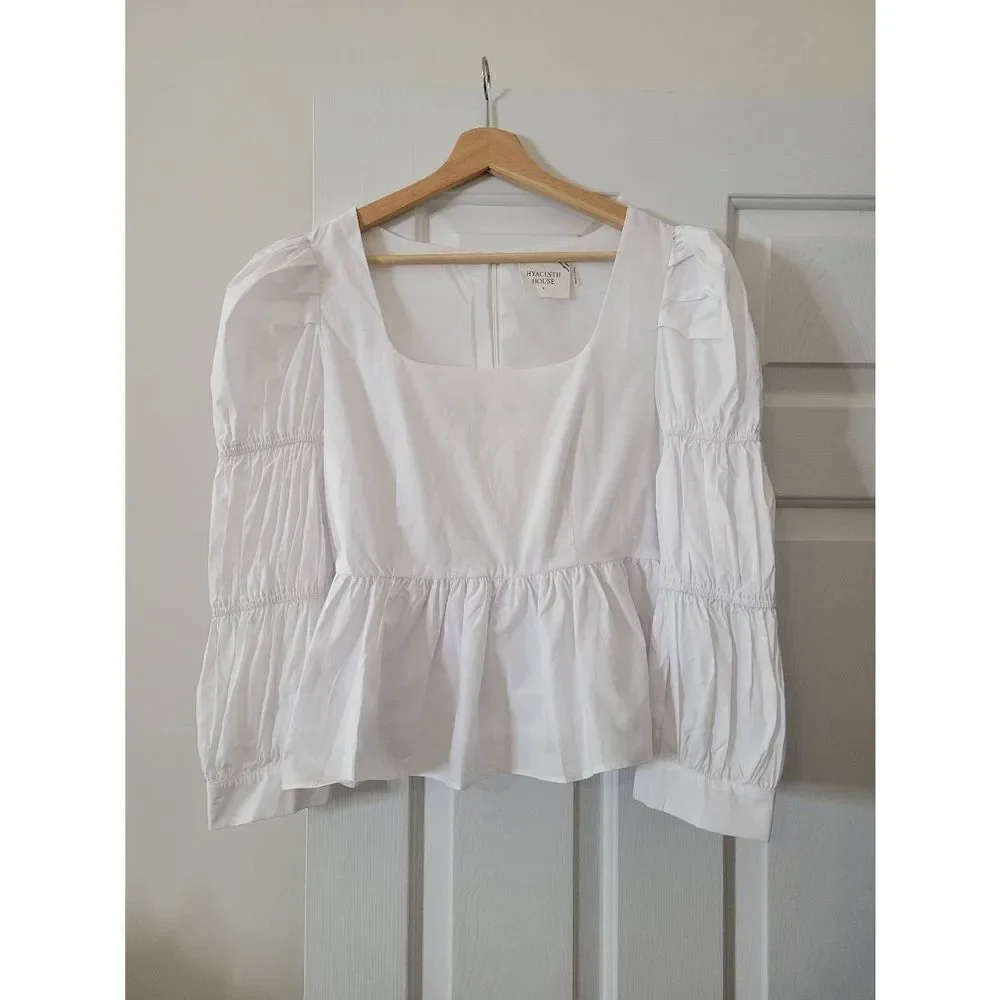 HYACINTH HOUSE White Clemons Long Sleeve Puff Blouse $128 S